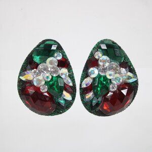 KS Designs Vintage Green Red White Rhinestone Vintage 2" Huggie Clip On Earrings
